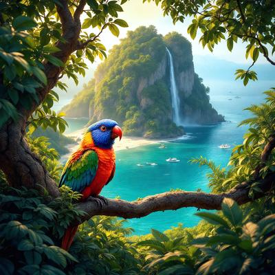 The primary subject of the image is a colorful bird, specifically a parrot, perched on a tree branch. The bird is surrounded by a lush green forest, which serves as the setting for the scene. The visual style of the image is a combination of photo and digital art, creating a vibrant and realistic representation of the parrot in its natural habitat. The colors and mood of the image are predominantly green and serene, reflecting the tranquility of the forest and the beauty of the parrot